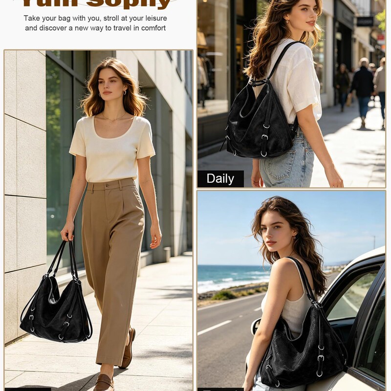 Women's Three-Way Convertible Hobo Bag, Soft Shoulder Bag, Casual Single-Shoulder Handbag with Adjustable Strap