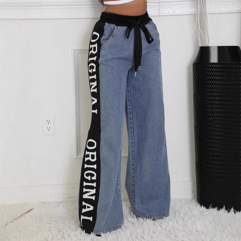 2024 Cross-border European and American Fashion Stitching Ribbon Wide-leg Denim Pants Women's Casual High Waist Elastic Lace-up Straight Pants