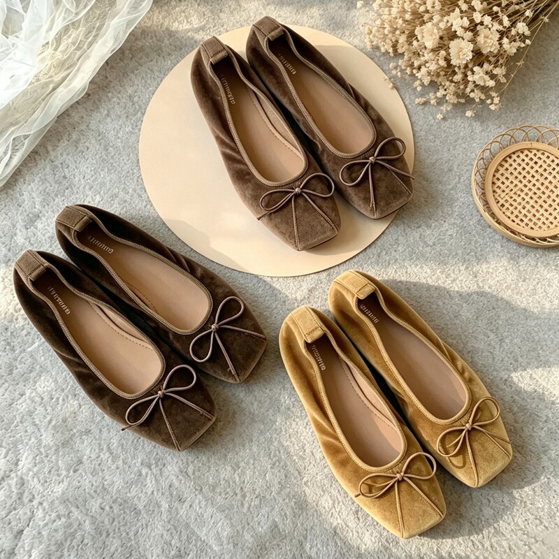 Sheepskin version~French retro gentle style square-toed bow shallow single shoes for women, velvet ballet shoes, evening shoes Sheepskin version~French retro gentle style square-toed bow shallow single shoes for women, velvet ballet shoes, evening shoes