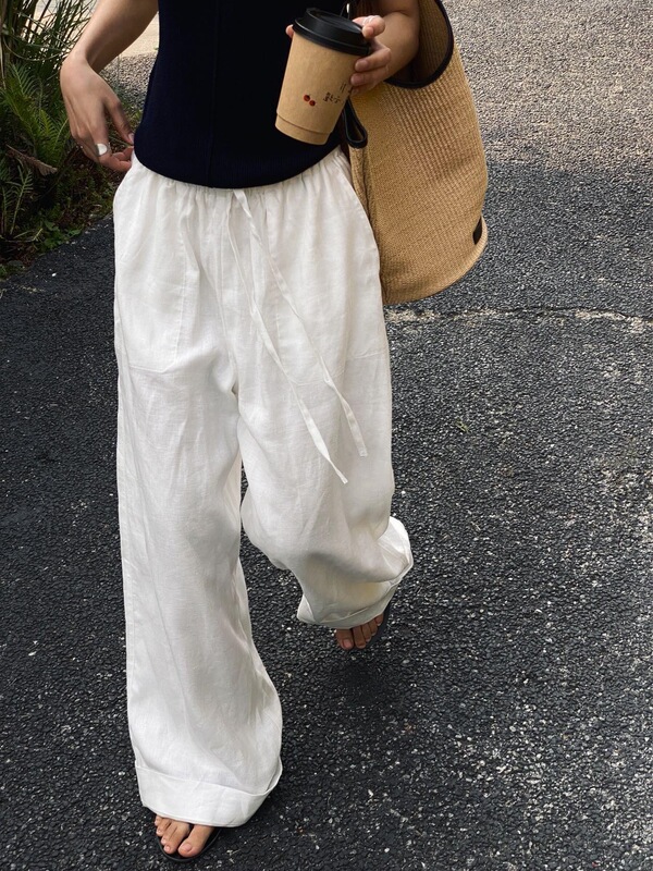Super Stylish Old Money Style White Cotton-Linen Wide-Leg Pants for Women, 2026 Spring/Summer Casual High-Waisted Slimming Drapey Lazy Long Pants