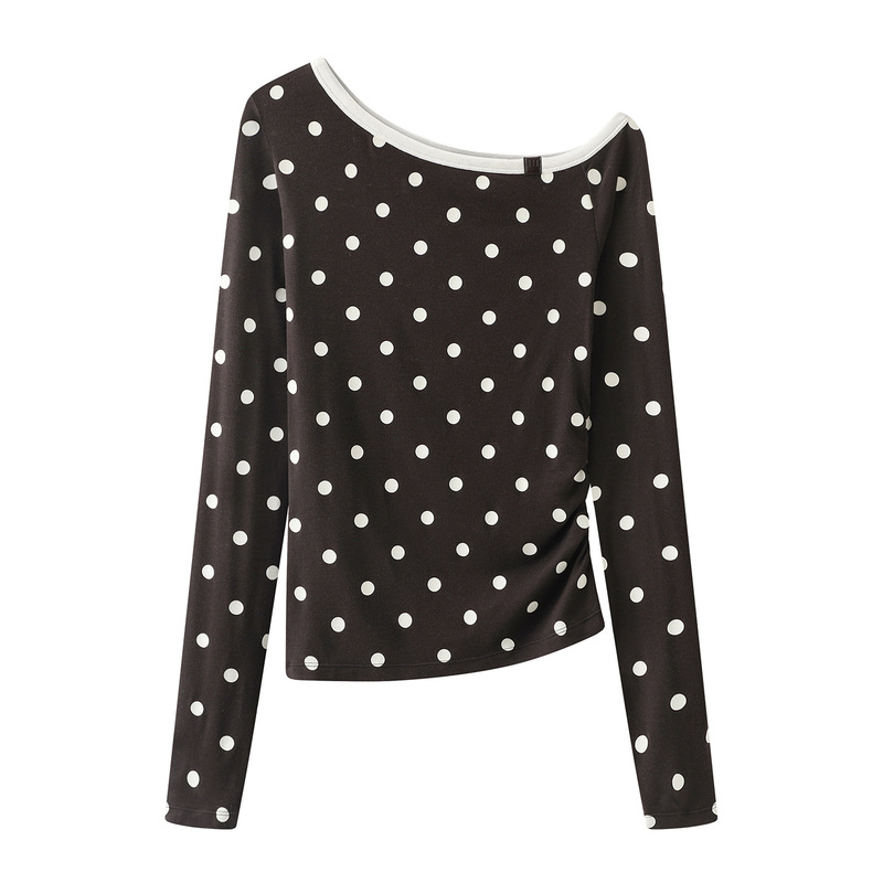 In Stock 2026 Spring New Designer Style Polka Dot Off-Shoulder Long-Sleeve T-Shirt Top Rk11001340