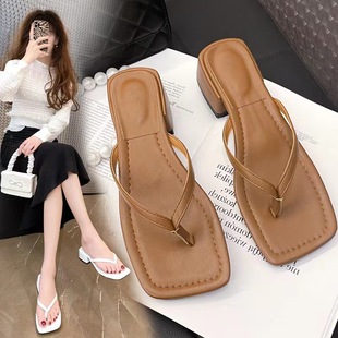 Flip-Flops Women's 2024 Summer New Fashionable Outer Wear Square Toe Thick Heel Non-Slip Beach Flip-Flops Women's Fashionable