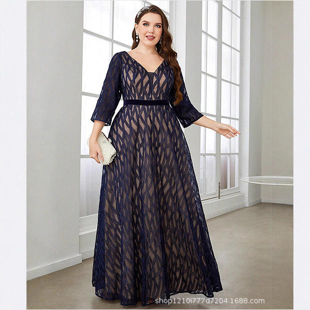 Amazon European and American Plus Size Three-Quarter Sleeve Deep V Sexy Dress Slim Evening Dress Banquet Birthday Dress