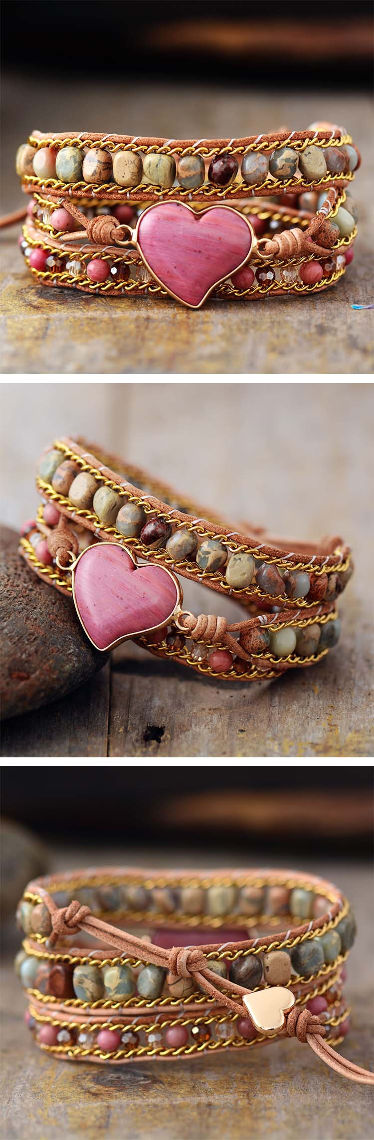 Estilo Étnico Forma De Corazón Cuero Sintético Piedra Natural En Capas Mujeres Pulsera 1 Pieza display picture 1