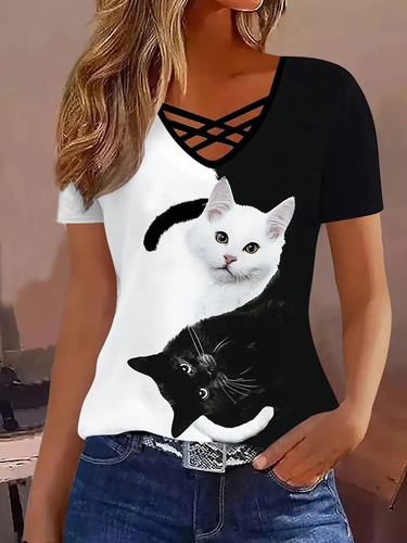 2025 European and American Amazon TEMU Spring/Summer Hot Item: Color-Block Cross V-Neck Striped Elegant Casual Short-Sleeve T-Shirt for Women