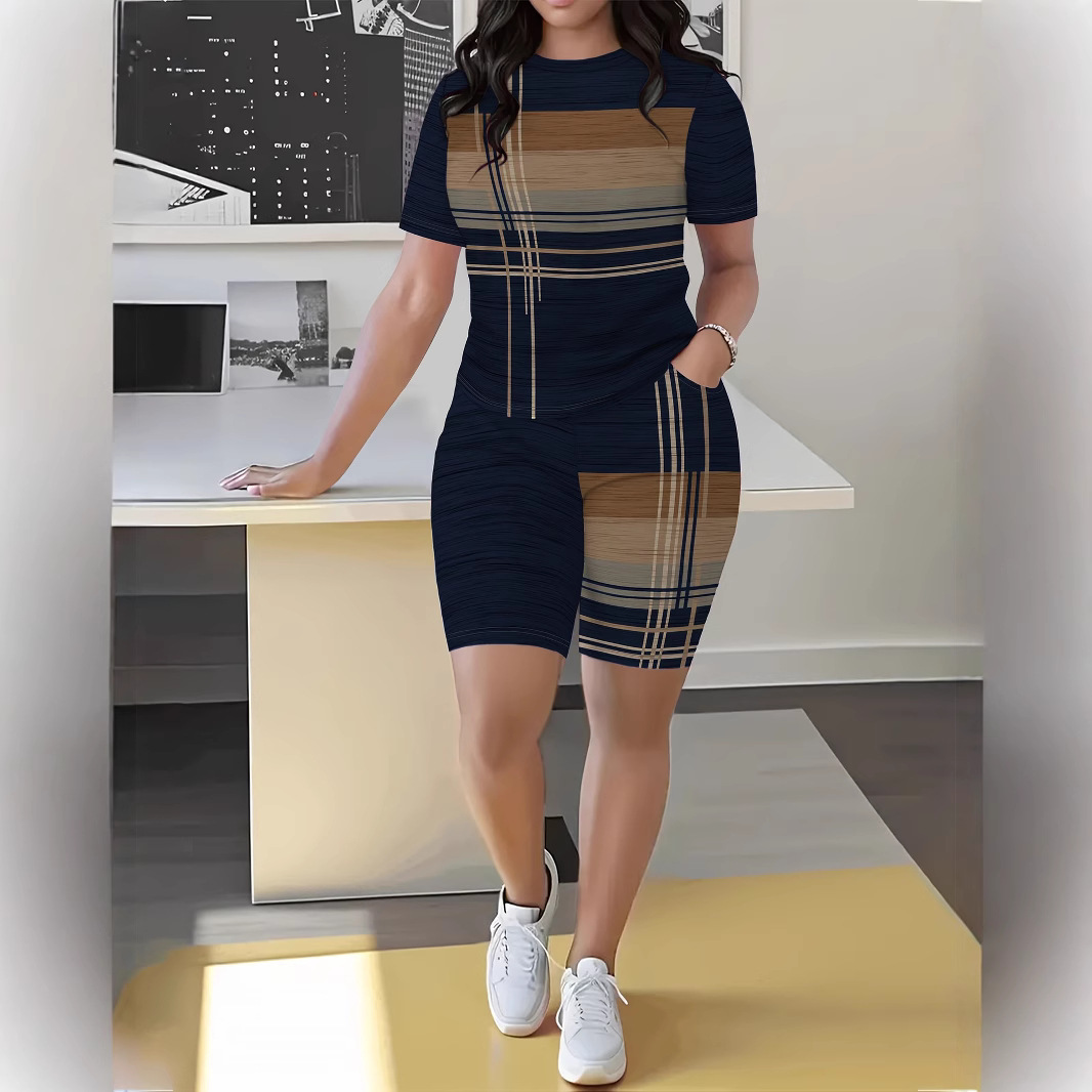 Women's Geometric Print Short Sleeve T-Shirt And Shorts Set - Comfortable Casual Summer Outfit ​​Versatile Two-Piece Coordination_ecoleips.com
