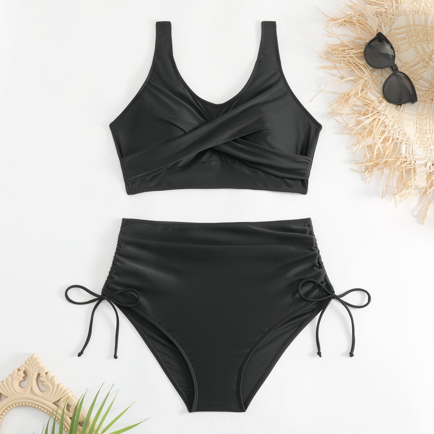 Bikini de Talle Alto con Tiras Cruzadas de Nailon, Sin Mangas, para Natación image 8
