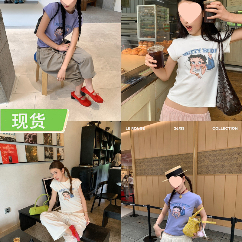 Le Rouge Zhou Meimei Betty's Summer Spicy Girl Style Round Stand Collar Printed Slim-Fit Short-Sleeve Top Le Rouge Zhou Meimei Betty's Summer Spicy Girl Style Round Stand Collar Printed Slim-Fit Short-Sleeve Top