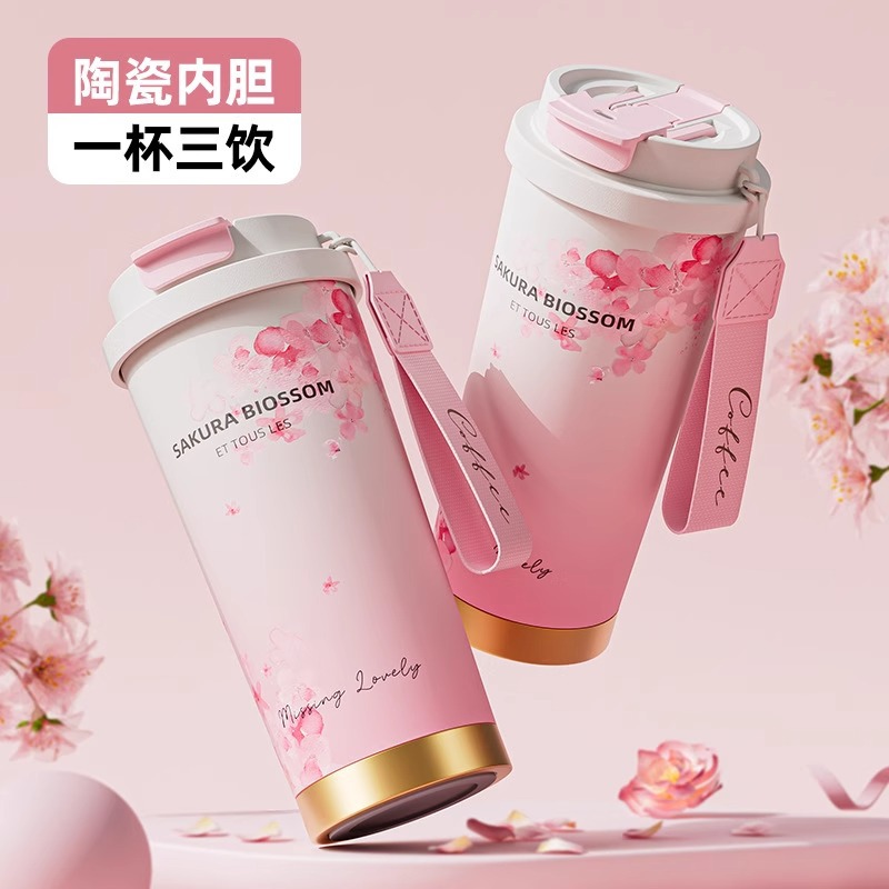 316不鏽鋼雙飲咖啡保溫杯女高顏值陶瓷內膽辦公室便攜隨行吸管杯