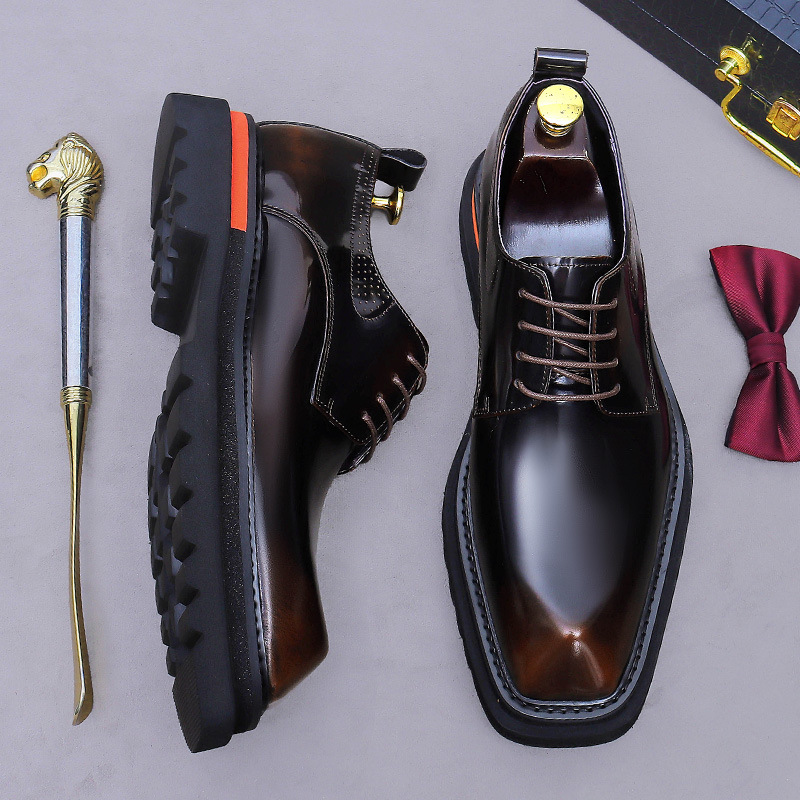 Men's Thick-Soled Leather Shoes, Genuine Leather, Korean Style Business Casual, Shiny Toe, High Formal Derby, Height-Increasing Men's Shoes