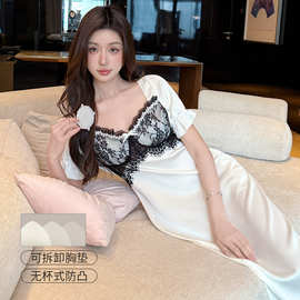 【带胸垫】夏季新款冰雪丝女短袖睡裙时尚蕾丝冰丝女家居服