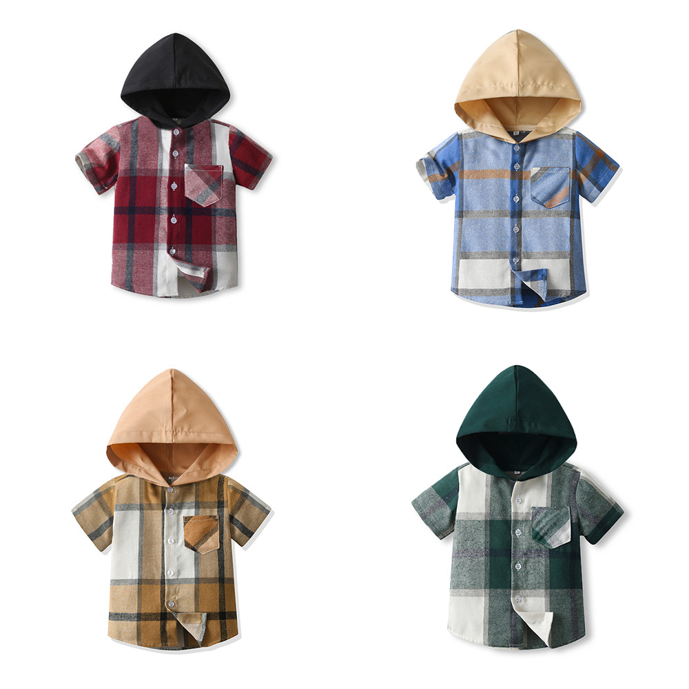 Comercio exterior ropa infantil europea y americana encapuchada simple botón cuadrado camisa de mangas cortas nuevos productos de moda universal chaqueta para niños grandes