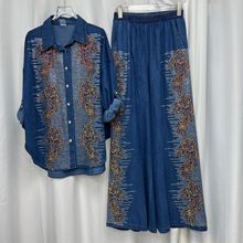 欧洲站外贸2026宽松显瘦长袖牛仔衬衫女春季新款阔腿裤两件套装