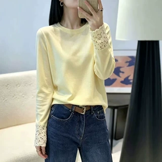 安迪绒新款毛衣女韩版时尚圆领拼接袖口花边毛衣打底针织衫女软糯