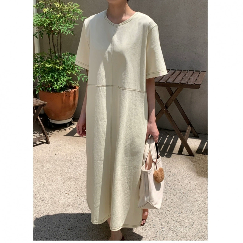 Платье в корейском стиле из хлопка и льна с карманами по обеим сторонам.