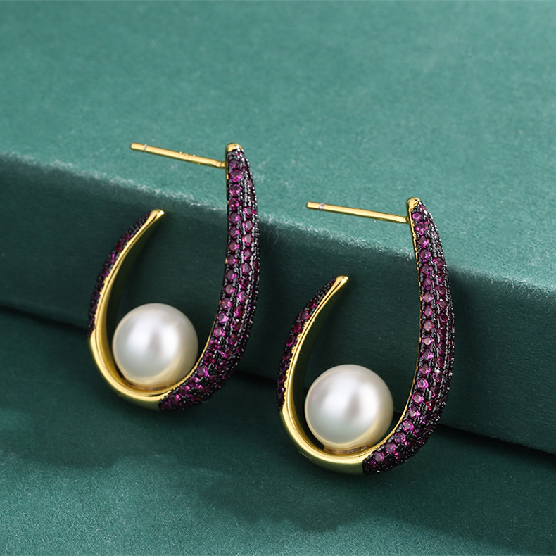 Fashion U Shape Copper Inlay Pearl Zircon Ear Studs 1 Pair
