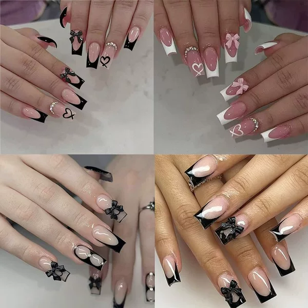 Best-Selling 24-Piece Cross-Border Nail Patch Collection, Bow-Knot French Long Square Press-On Nails Wholesale