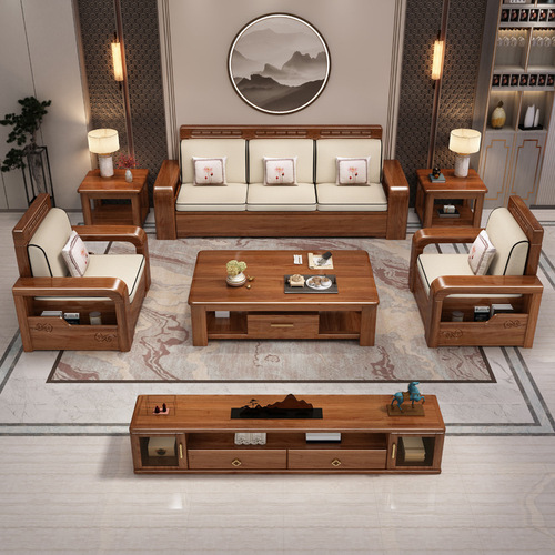 Walnut solid wood sofa combination new Chinese style winter and summer dual-use living room storage sofa corner type chaise sofa