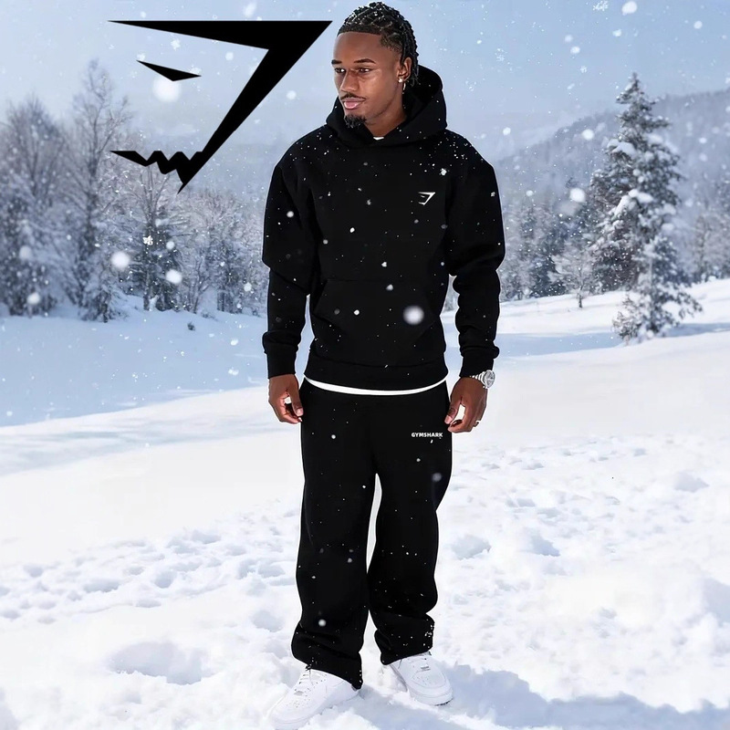 Gymshark Autumn and Winter New Men's Warm Suit Casual Street Trendy Hooded Sweatshirt Pants Sports Fitness
