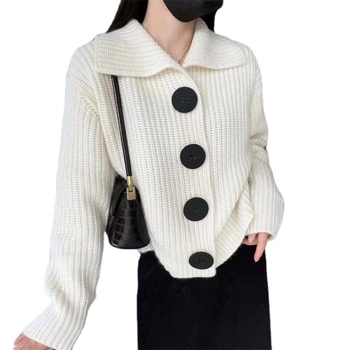 Korean Laid-back Style Cardigan for Women, 2025 Autumn/Winter Loose Youthful Collar Knit Cardigan with Large Buttons