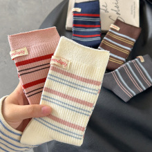 拼色条纹布标春秋纯棉袜子女学院风休闲中筒袜百搭堆堆袜运动长袜