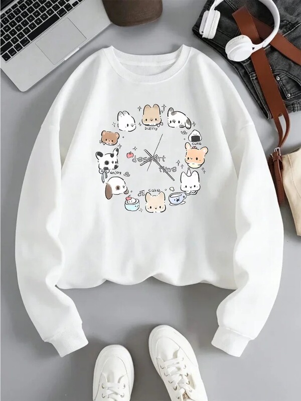 New design from the source factory: "Dessert Time" creative animal clock print sweatshirt for men and women, O-neck, wool, street style