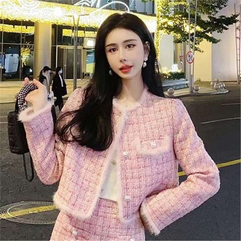 粗花呢高级感小香风时尚套装女秋冬新款加厚短外套+半身裙两件套|undefined
