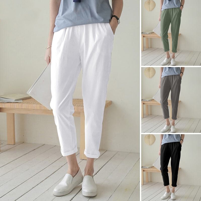 2023 Europe and the United States cross-border all-match elastic waist Harlan pants women's spring and summer new casual high waist cotton and linen pants