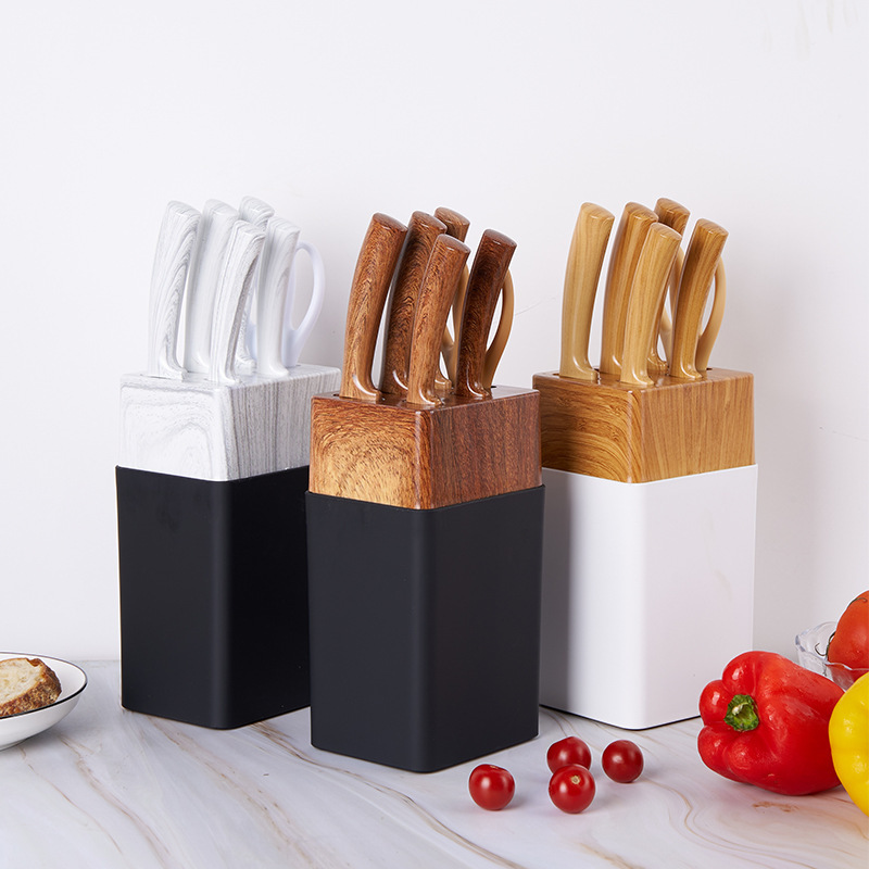 Comercio exterior europeo y americano en stock Yangjiang traje de cuchillo mango de grano de madera 6 piezas cuchillo de cocina conjunto cuchillo con soporte de cuchillo