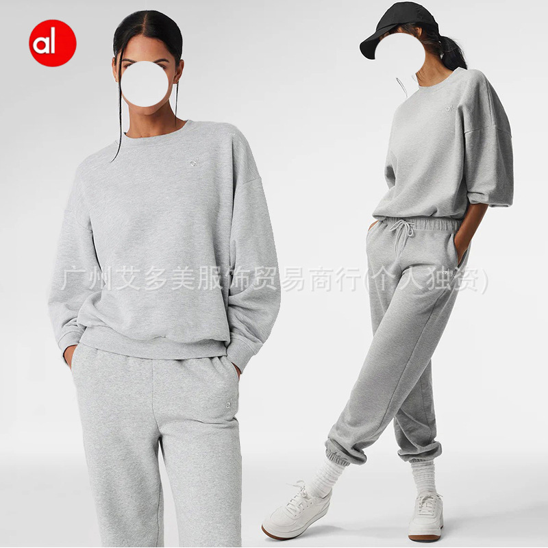 Alo Cross-Border Autumn and Winter 350g Dopamine Color Fleece-Lined Oversize Loose Trendy Brand Men's Sweatshirt and Pants Suit