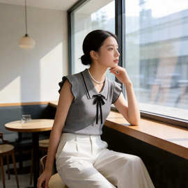 超好看白色蝴蝶结飘带翻领针织衫女2026年夏季新款紧身显身材上衣