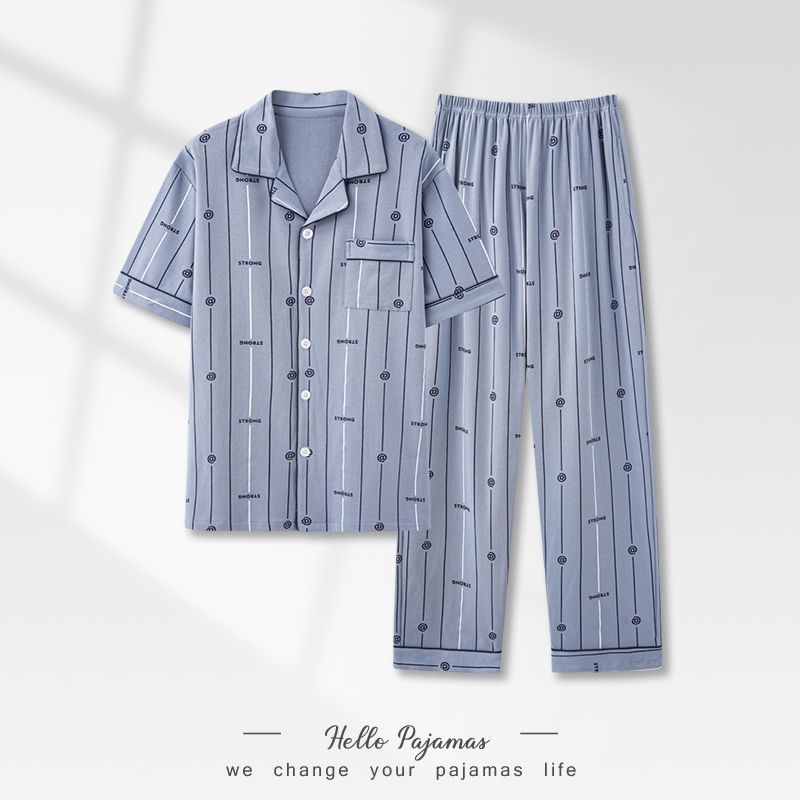 Pijama de hombre algodón de verano pantalones largos de manga corta ropa de casa primavera y otoño delgada rejilla suelta y tamaño grande conjunto