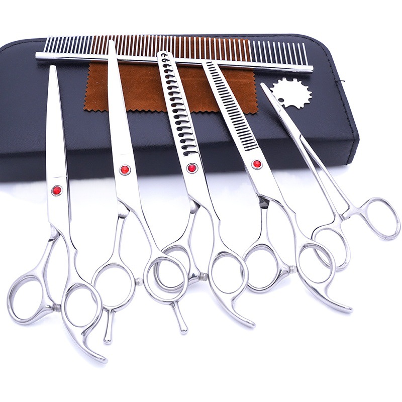 Fabricante de juegos de tijeras para mascotas, tijeras de peluquería canina al por mayor de 7 pulgadas, suministros morados para perros.