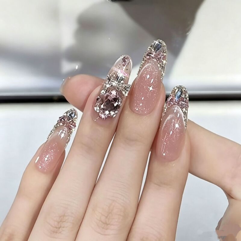 【Peach Light Falls】Handmade glittery nail tips with rhinestones, high-end and skin-brightening, UV gel nail tips, wearable nail art 【Peach Light Falls】Handmade glittery nail tips with rhinestones, high-end and skin-brightening, UV gel nail tips, wearable nail art