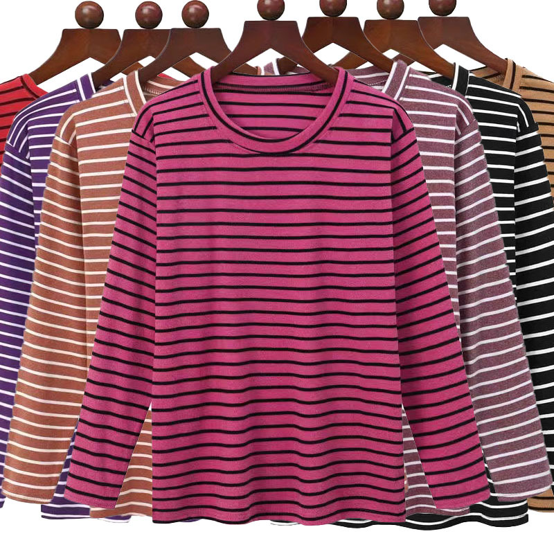 秋季女装德绒打底衫磨毛秋衣低领外穿上衣女式中年条纹时尚长袖