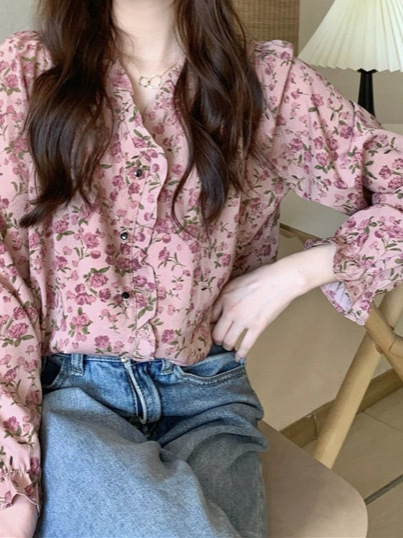 フレンチ V ネック花柄シャツ女性のための 2025 春シックなニッチ年齢軽減痩身シフォンシャツレトロ長袖|undefined