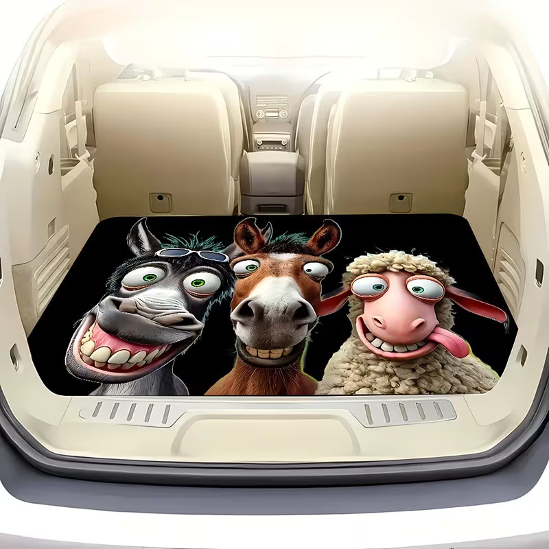 Cross-Border Square Rubber Floor Mat for Car Trunk with Cartoon Cat, Dog, and Mushroom Designs, Foldable, Machine Washable, Printed