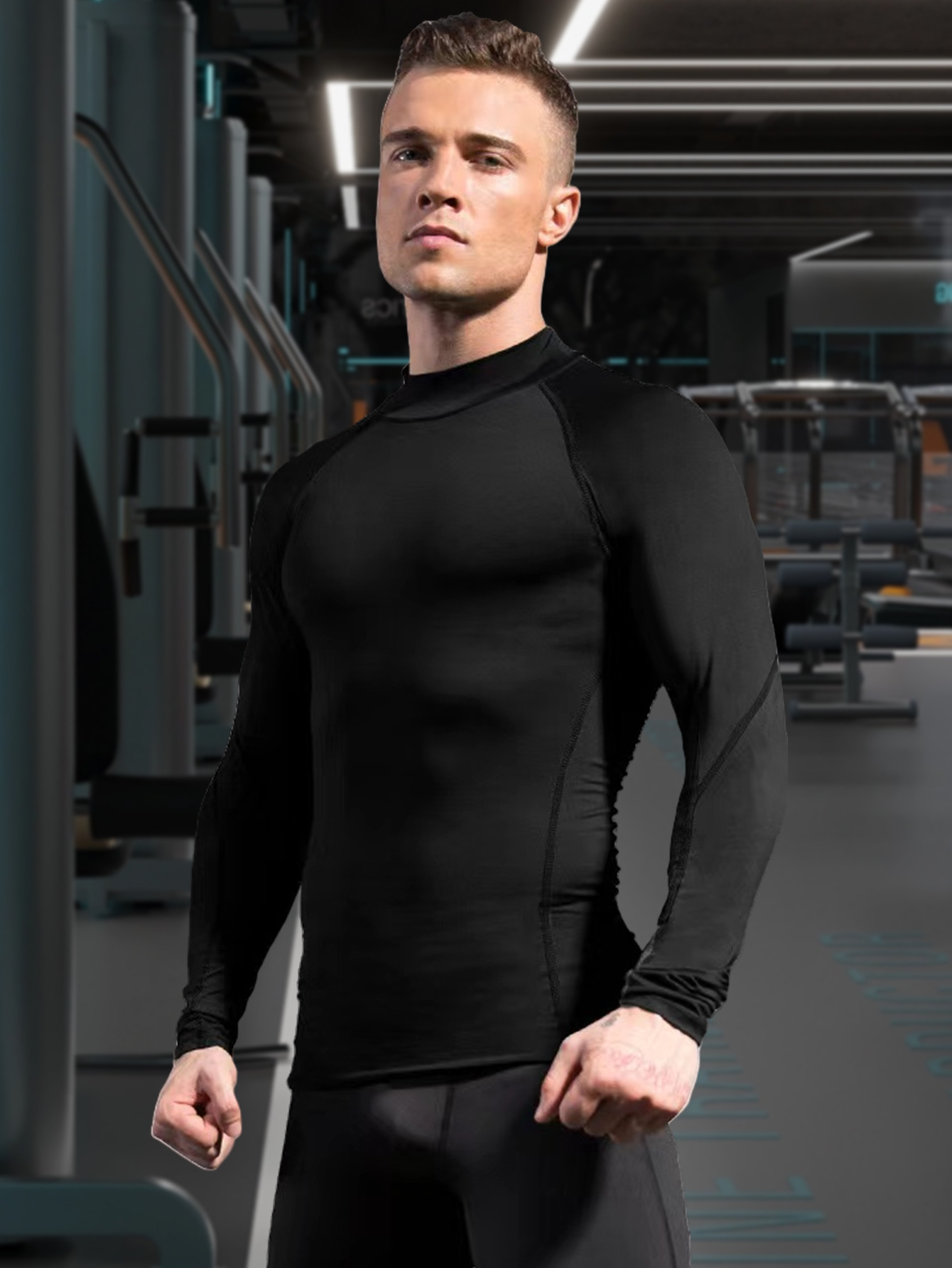 Ropa de fitness de cuello alto de código de belleza Camiseta de secado rápido elástica de manga larga para hombres Ropa para correr Entrenamiento de baloncesto Top de deportes al aire libre