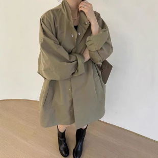 Foreign trade Korean spring clothing Korean chic thin lazy style stand collar loose casual long sleeve mid-length windbreaker jacket