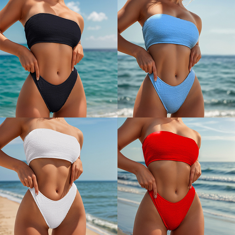 Women's Strapless Two Piece Swimsuit Sexy Solid Color Tight Bikini Style Ribbed_ecoleips.com