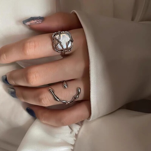 New fashionable irregular metal freshwater pearl open ring for women ins style cool and light ring texture