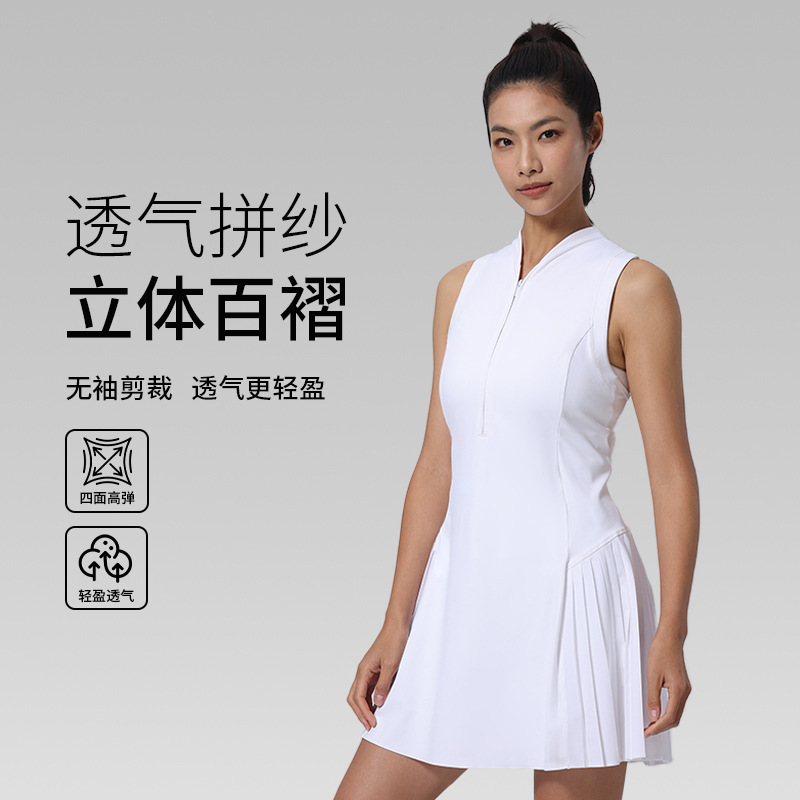 Cross-Border Sleeveless Tennis Dress with Chest Pads, Casual Outdoor Running Sports Pleated Dress, Golf Tennis Skirt