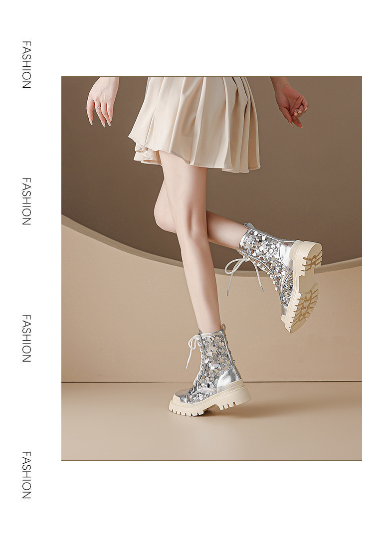 Boot nữ cổ thấp hở mũi dây buộc đế platform cao 5 cm màu bạc sequin — màu đen, bạc chi tiết 9