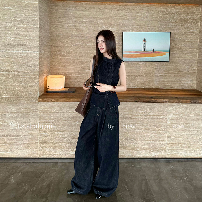 LS Vintage Denim Shirt + Wide-Leg Jeans Set Guangzhou Thirteen Lines 26 Early Autumn New Women's Fashion S1368 # LS Vintage Denim Shirt + Wide-Leg Jeans Set Guangzhou Thirteen Lines 26 Early Autumn New Women's Fashion S1368 #