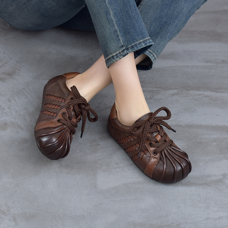 2026 Autumn New Genuine Leather Woven Vintage Handmade Soft Sole Women's Shoes, Top Layer Cowhide Casual Lace-up Pleated Flats