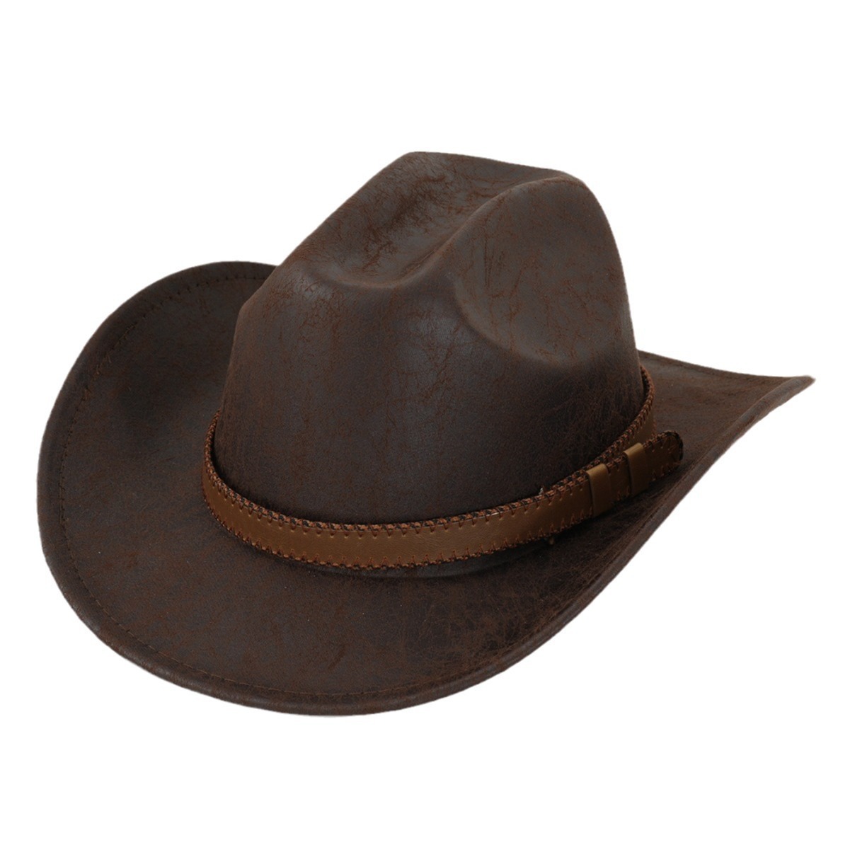 Vintage Western Cowboy Hat Distressed Leather Buckle Cross Stitched Metal Men's And Women's Party Outdoor Music Festival Hat_voghion.com