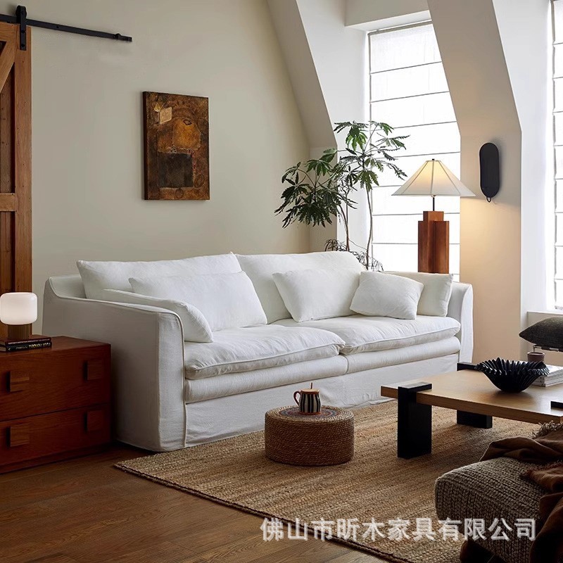 Wabi-Sabi Style Sofa with Cotton and Linen Fabric for Small Living Rooms, Detachable and Washable French Milk-Style Hyacinth Three-Seater down