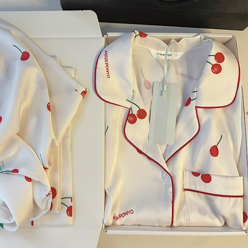 Simple Imitation Silk Cherry-Patterned Ice Silk Pajamas for Women, Loose Long-Sleeve Spring and Autumn French-Style Loungewear Set, Cross-Border Simple Imitation Silk Cherry-Patterned Ice Silk Pajamas for Women, Loose Long-Sleeve Spring and Autumn French-Style Loungewear Set, Cross-Border