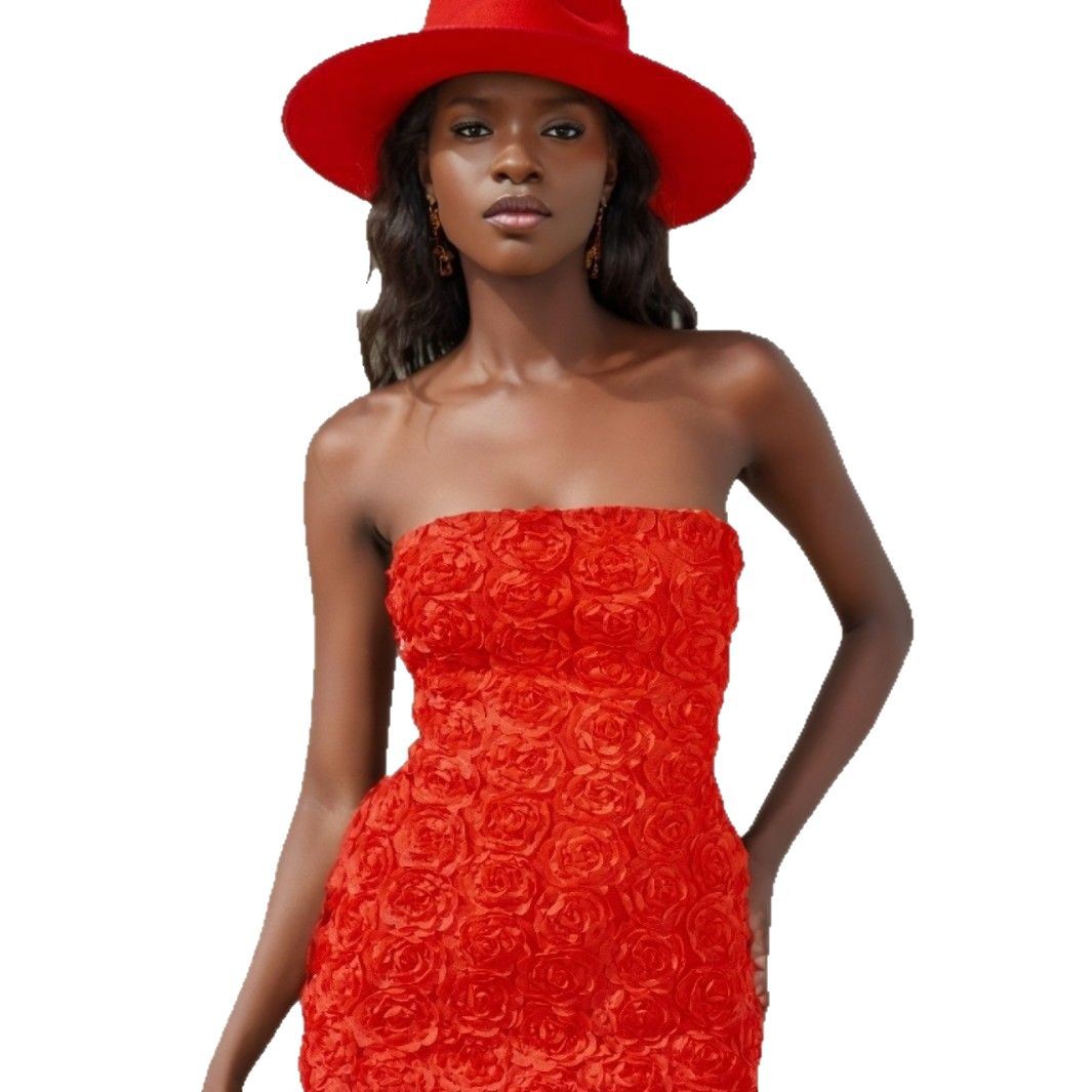 Robe moulante rouge à épaules dénudées GraceChic, style européen et américain, sexy et glamour, avec haut tube floral 3D polyvalent._voghion.com