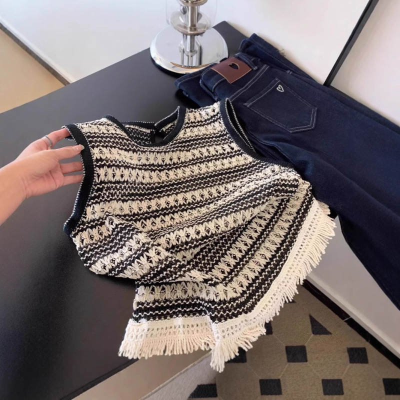 Brand Foreign Trade ~ Cut Label Counter Shirts Stacked with Knitted Vest Vest Women's Woven Tassel Wearing Waistcoat
